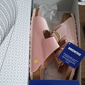Birkenstock Blush and Metallic Arizona Big Buckle Rivet Logo Sandals